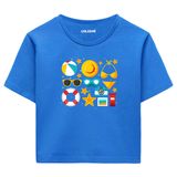 Colermi Kadın Crop Tişört - Yaz Temalı Eğlenceli Tasarım Pamuklu Kısa Kollu Crop Top (Mavi, S-M)