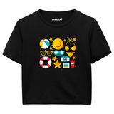 Colermi Kadın Crop Tişört - Yaz Temalı Eğlenceli Tasarım Pamuklu Kısa Kollu Crop Top (Siyah, L-XL)