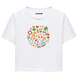 Colermi Kadın Crop Tişört - Yuvarlak Yaz Temalı Renkli Tasarım Baskılı Pamuklu Crop Top (Beyaz, S-M)