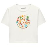 Colermi Kadın Crop Tişört - Yuvarlak Yaz Temalı Renkli Tasarım Baskılı Pamuklu Crop Top (Ekru, S-M)