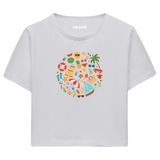Colermi Kadın Crop Tişört - Yuvarlak Yaz Temalı Renkli Tasarım Baskılı Pamuklu Crop Top (Gri, L-XL)
