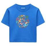 Colermi Kadın Crop Tişört - Yuvarlak Yaz Temalı Renkli Tasarım Baskılı Pamuklu Crop Top (Mavi, S-M)