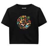 Colermi Kadın Crop Tişört - Yuvarlak Yaz Temalı Renkli Tasarım Baskılı Pamuklu Crop Top (Siyah, S-M)