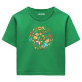 Colermi Kadın Crop Tişört - Yuvarlak Yaz Temalı Renkli Tasarım Baskılı Pamuklu Crop Top (Yeşil, L-XL)