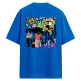Colermi Oversize Sırt Baskılı Renkli İllüstrasyon Tasarımlı Unisex Tişört (Mavi, S-M)