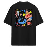 Colermi Oversize Sırt Baskılı Tişört Eğlenceli İllüstrasyon Tasarımlı Unisex T-Shirt (Siyah, L-XL)