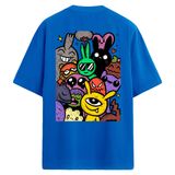 Colermi Oversize Sırt Baskılı Tişört Renkli Karakter İllüstrasyon Tasarımlı Unisex T-Shirt (Mavi, L-XL)