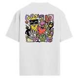 Colermi Oversize Sırt Baskılı Tişört Renkli Karakter İllüstrasyonlu Unisex T-Shirt (Gri, S-M)