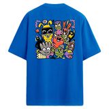Colermi Oversize Sırt Baskılı Tişört Renkli Karakter İllüstrasyonlu Unisex T-Shirt (Mavi, L-XL)
