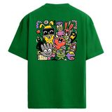 Colermi Oversize Sırt Baskılı Tişört Renkli Karakter İllüstrasyonlu Unisex T-Shirt (Yeşil, S-M)