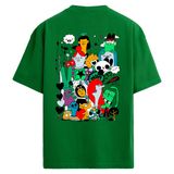 Colermi Oversize Sırt Baskılı Tişört Renkli Karakter Tasarımlı Unisex T-Shirt (Yeşil, L-XL)