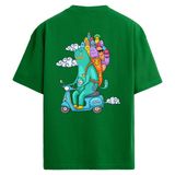 Colermi Oversize Sırt Baskılı Tişört Scooter Karakter Tasarımlı T-Shirt (Yeşil, S-M)