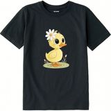 Colermi Pamuk Kumaş Çocuk Tişörtü – Daisy Duck Çiçekli Civciv Baskılı Çocuk T-Shirt - Antrasit - 7 - 8 Yaş