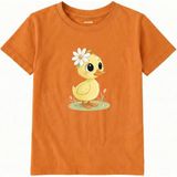 Colermi Pamuk Kumaş Çocuk Tişörtü – Daisy Duck Çiçekli Civciv Baskılı Çocuk T-Shirt - Turuncu - 1 - 2 Yaş
