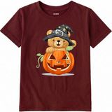 Colermi Pamuk Kumaş Çocuk Tişörtü – Halloween Bear Ayıcık Baskılı Çocuk T-Shirt - Bordo - 5 - 6 Yaş