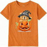 Colermi Pamuk Kumaş Çocuk Tişörtü – Halloween Bear Ayıcık Baskılı Çocuk T-Shirt - Turuncu - 9 - 10 Yaş