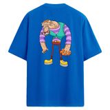 Colermi Sırt Baskılı Oversize Tişört - Karikatür Dev Karakter Tasarımı (Mavi, L-XL)