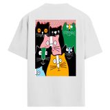 Colermi Sırt Baskılı Oversize Tişört - Renkli Karikatür Kedi Tasarımı (Gri, L-XL)