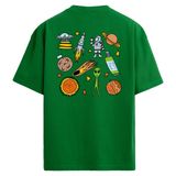 Colermi Sırt Baskılı Oversize Tişört - Uzay Temalı Astronot, Uzaylı ve Gezegen Tasarımı (Yeşil, L-XL)