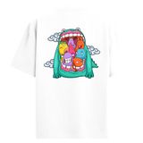 Colermi Unisex Oversize Sırt Baskılı Tişört Sevimli Karakterler Tasarımı (Beyaz, L-XL)