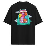 Colermi Unisex Oversize Sırt Baskılı Tişört Sevimli Karakterler Tasarımı (Siyah, L-XL)