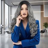 Colezium Dalgalı Perçemsiz Uzun Fiber Sen Peruk / Siyah / Gri Ombreli