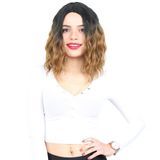 Colezium Fiber Sen Kısa Dalgalı Perçemsiz Peruk / Siyah / Karamel Ombreli