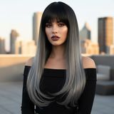Colezium Fiber Sen Uzun Düz Kahküllü Peruk / Siyah Gri Ombreli