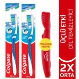 Colgate 2x3'lü Etki Dil Temizleyicili Arka Dişlere Uzanan Orta Diş Fırçası ve Diş Fırçası Kabı