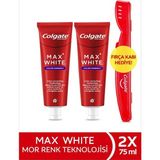 Colgate Max White Purple Reveal Beyazlatıcı Diş Macunu 75 ml X2 Adet + Diş Fırçası Kabı - Mor
