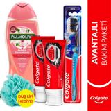 Colgate Optic White Diş Macunu 50 ml x2, Orta Diş Fırçası, Palmolive Duş Jeli 500 ml + Duş Lifi
