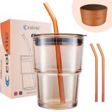 Colnic Buzlu Kahve Fincanı, 15oz/450ml Kapaklı ve Pipetli Cam Bardaklar, Buzlu Kahve Bardakları Bardak, 2 Cam Hasır ve Deri Kılıflı Çay Suyu İçin Kalın Duvar Cam Kupası, Cam Bardak Hediyeleri