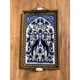 Color Craft Ahşap Çerçeveli Seramik Sunum Tepsisi 40X25 cm - Otantik Kulplu Hediyelik Tepsi - Mavi - Beyaz