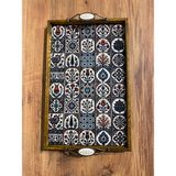 Color Craft Ahşap Çerçeveli Seramik Sunum Tepsisi 40X25 cm - Otantik Kulplu Hediyelik Tepsi - Mavi - Bordo