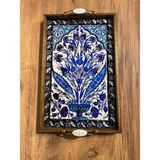 Color Craft Ahşap Çerçeveli Seramik Sunum Tepsisi 40X25 cm - Otantik Kulplu Hediyelik Tepsi - Mavi Desenli
