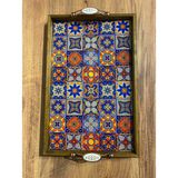 Color Craft Ahşap Çerçeveli Seramik Sunum Tepsisi 40X25 cm - Otantik Kulplu Hediyelik Tepsi - Mavi - Kırmızı