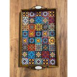 Color Craft Ahşap Çerçeveli Seramik Sunum Tepsisi 40X25 cm - Otantik Kulplu Hediyelik Tepsi - Mavi - Sarı - Kırmızı