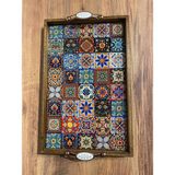 Color Craft Ahşap Çerçeveli Seramik Sunum Tepsisi 40X25 cm - Otantik Kulplu Hediyelik Tepsi - Turuncu - Pembe - Yeşil - Mavi