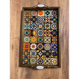 Color Craft Ahşap Çerçeveli Seramik Sunum Tepsisi 40X25 cm - Otantik Kulplu Hediyelik Tepsi - Yeşil - Turuncu