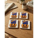 Color Craft Seramik Bardak Altlığı | 4'lü El Yapımı Bardak Altı Seti | Çay Kahve Sunum - HallowenCat