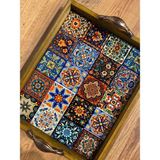 Color Craft Seramik Kahve Tepsisi - Ahşap Çerçeveli Sunum Tepsisi 20X25 cm - Çok Renkli