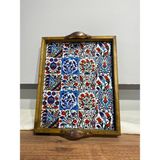 Color Craft Seramik Kahve Tepsisi - Ahşap Çerçeveli Sunum Tepsisi 20X25 cm - Kırmızı - Mavi