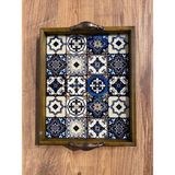 Color Craft Seramik Kahve Tepsisi - Ahşap Çerçeveli Sunum Tepsisi 20X25 cm - Lacivert