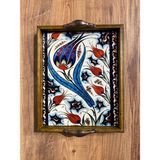 Color Craft Seramik Kahve Tepsisi - Ahşap Çerçeveli Sunum Tepsisi 20X25 cm - Mavi - Kırmızı - Beyaz