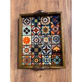 Color Craft Seramik Kahve Tepsisi - Ahşap Çerçeveli Sunum Tepsisi 20X25 cm - Turuncu - Beyaz