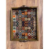Color Craft Seramik Kahve Tepsisi - Ahşap Çerçeveli Sunum Tepsisi 20X25 cm - Yeşil - Turuncu