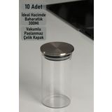 color house 10 Adet 300 ml Paslanmaz Çelik Kapaklı Vakumlu Baharatlık Borosilikat ( Cam ) Yuvarlak Kavanoz ve Baharat Etiketi