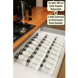 color house 24 Adet 300 ml Çelik Kapaklı Çekmece İçi Stantlı Baharatlık Seti Borosilikat Cam Kavanoz Stoplu Pleksi Stant 6 Adet