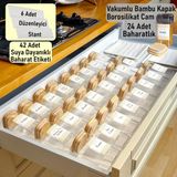 Color House 24 Adet Bambu Vakumlu Kapaklı 300 ml Borosilikat (Cam) Baharatlık Kavanoz ve 6 Adet Düzenleyici Pleksi Stant ( 30 cm * 13 cm x6 ) - Şeffaf