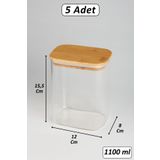 color house 5 Adet Borosilikat Cam Bakliyat Kavanoz Vakumlu Doğal Bambu Kapak ( 1100 Ml ) ve Etiket - B02